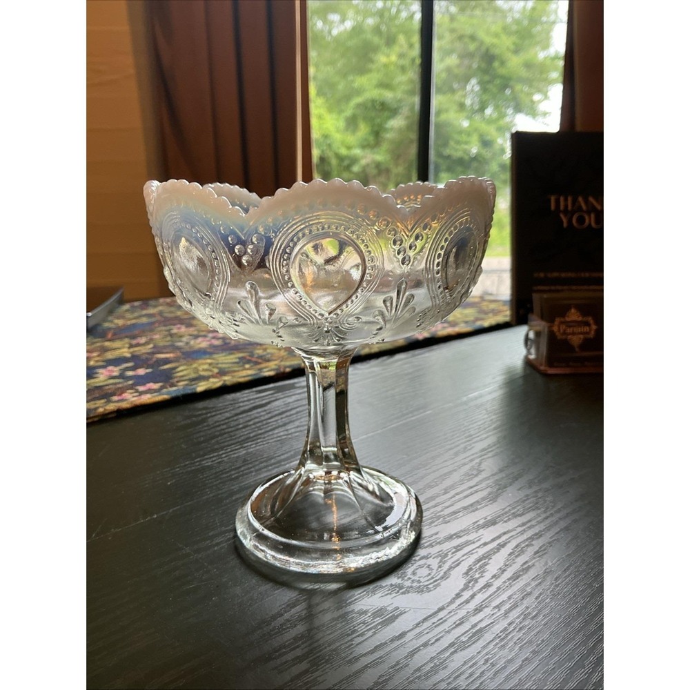 Antique 5" Northwood Clear Glass Opalescent "Scroll with Acanthus" Compote